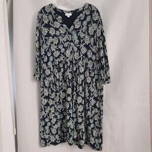 J Jill Sz XL Navy White Floral Pockets V Neck 3/4 Sleeves Casual Stretchy Dress
